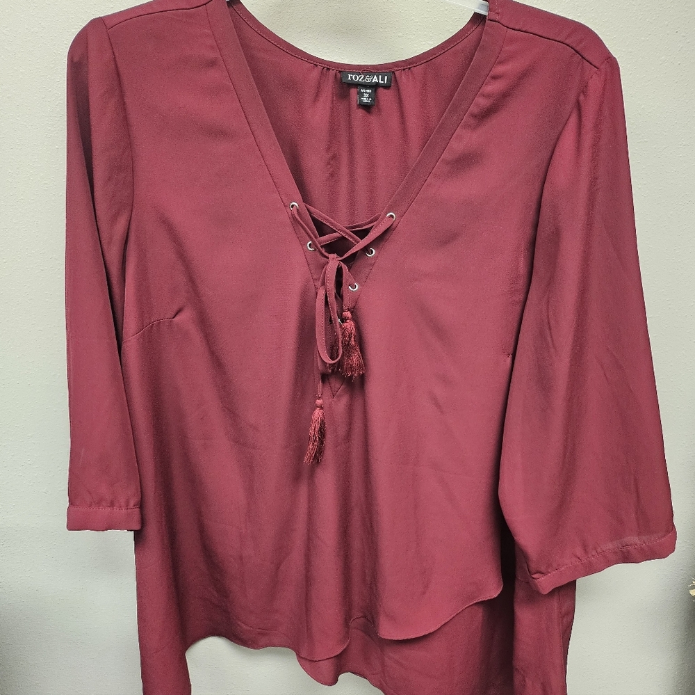 Roz & Ali Burgundy Lace-Up Blouse